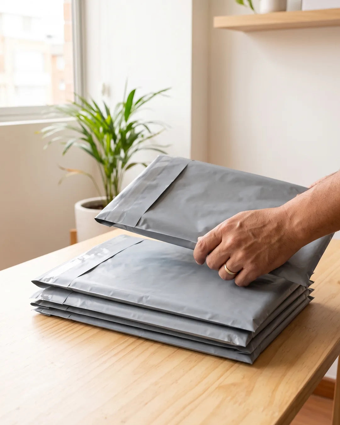 Pedidos empacados en bolsas grises de mensajería, cerradas y sin marcas, sobre una mesa
