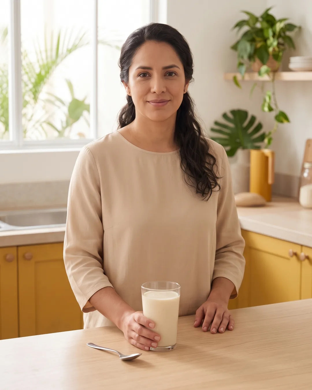 Mujer tranquila en su cocina con un vaso de B100 preparado