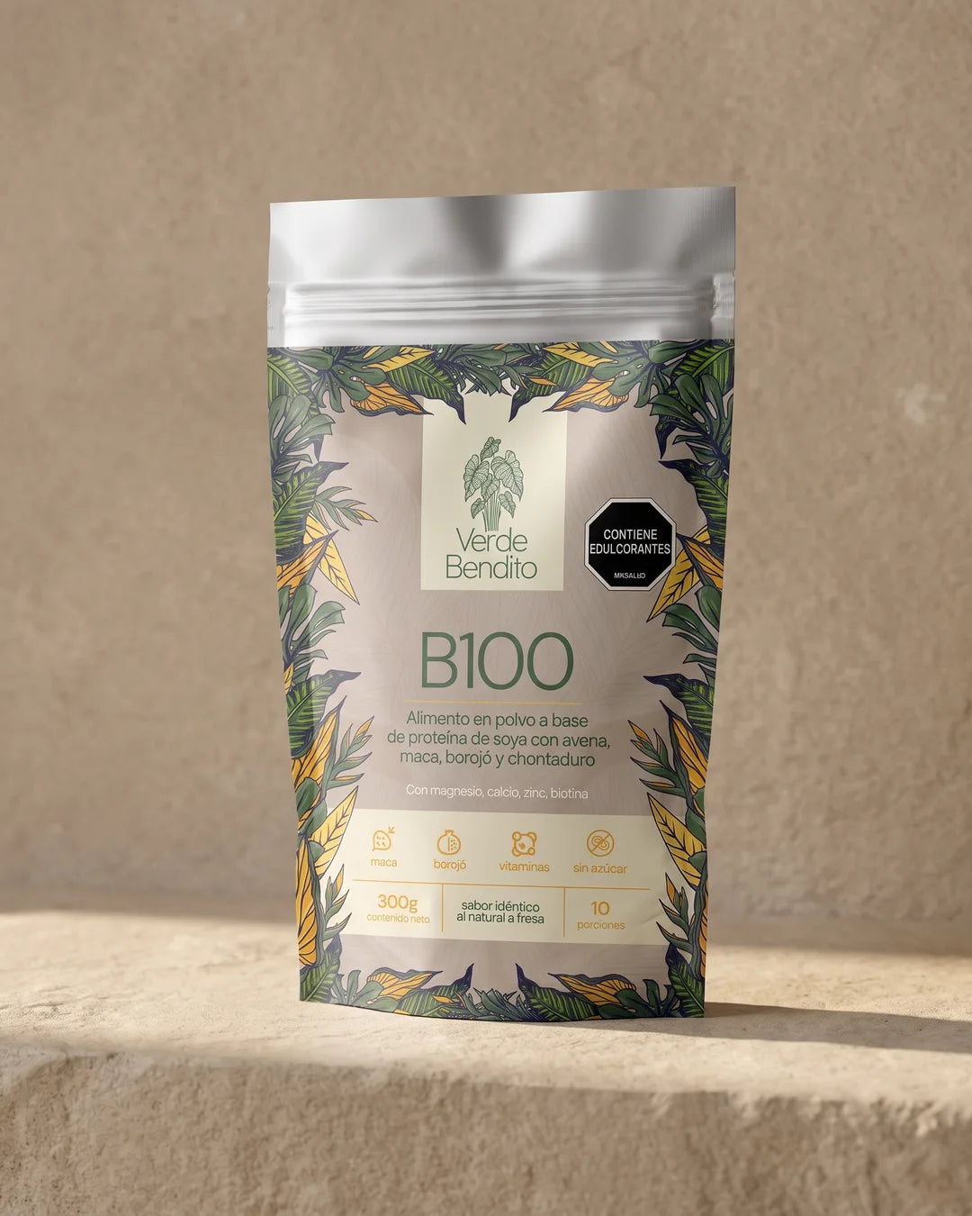 Bolsa de B100 de Verde Bendito de 300 g sobre una superficie de piedra
